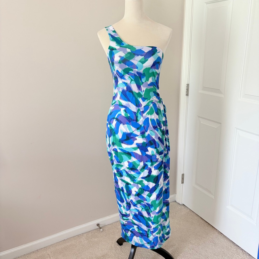 RESA Dress One Shoulder Maxi Small Blue Green Watercolor Cutout Ring Detail
